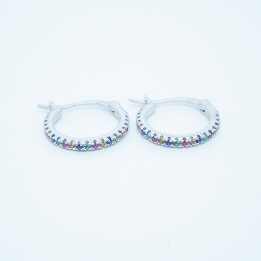 Aretes Argolla Minimalista Plata 925 Piedras Multicolor