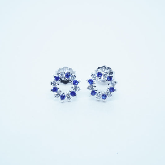 Aretes Azul Flor Plata 925 Circón Chapado En Oro Blanco De 14k Plateado