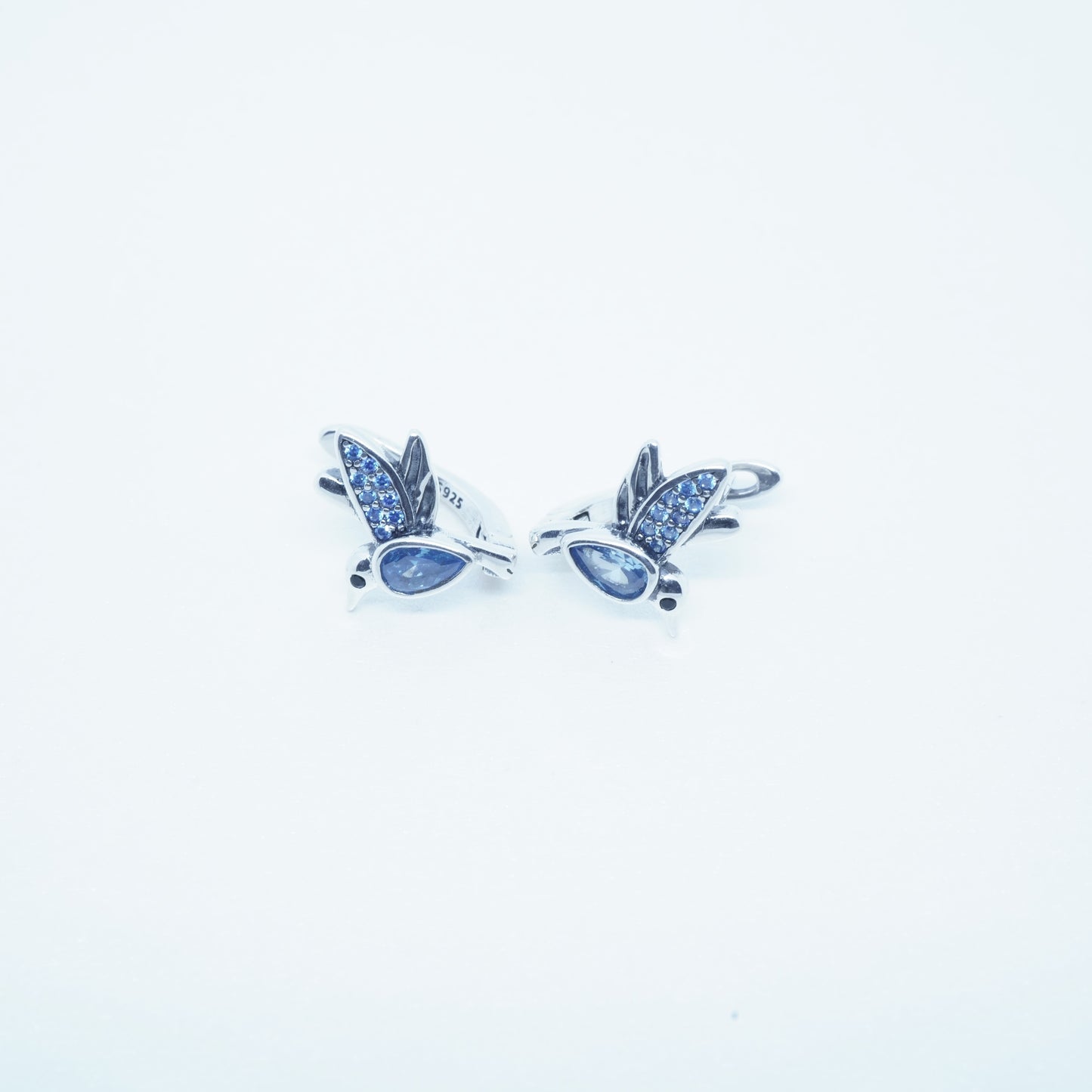 Aretes Pájaro Plata 925 Circón Detalles Azul