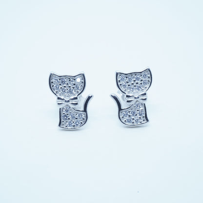 Aretes Lindo Gato Lazo Elegante Plata 925 Circón Rodio Plateado