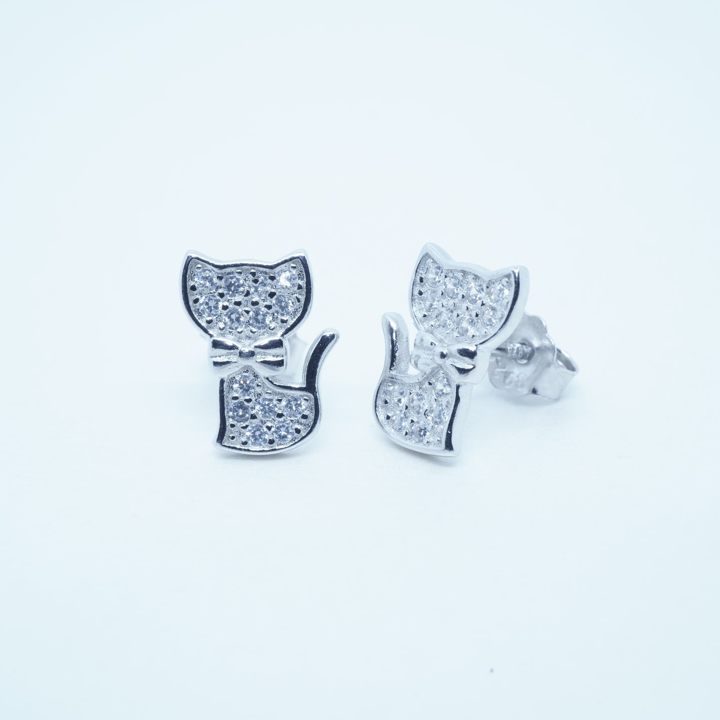 Aretes Lindo Gato Lazo Elegante Plata 925 Circón Rodio Plateado