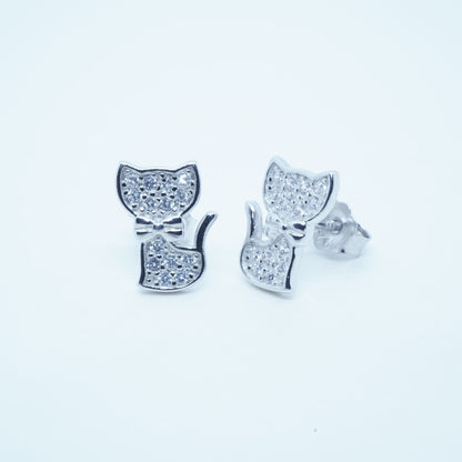 Aretes Lindo Gato Lazo Elegante Plata 925 Circón Rodio Plateado