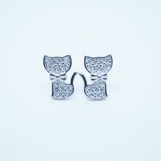 Aretes Lindo Gato Lazo Elegante Plata 925 Circón Rodio Plateado