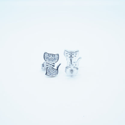 Aretes Lindo Gato Lazo Elegante Plata 925 Circón Rodio Plateado