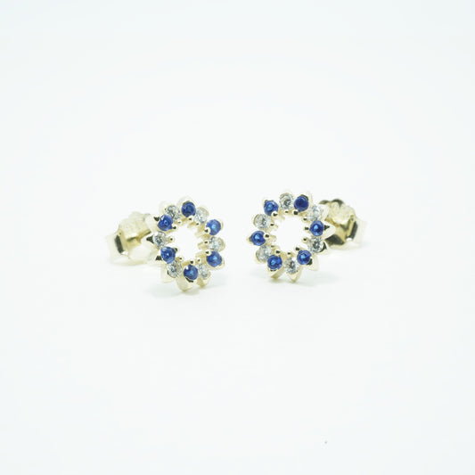 Aretes de Flor Chapado en Oro de 14K Plata 925 Circón Azul